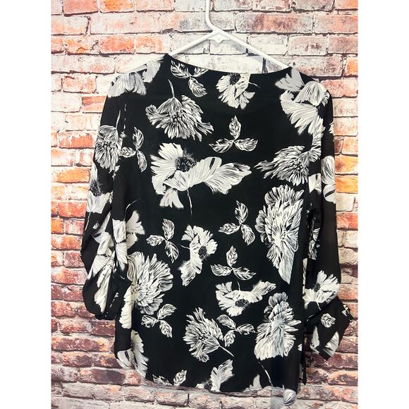 Black cream Daniel Rainn 3/4 sleeve floral blouse top shirt women's size medium - Picture 4 of 6